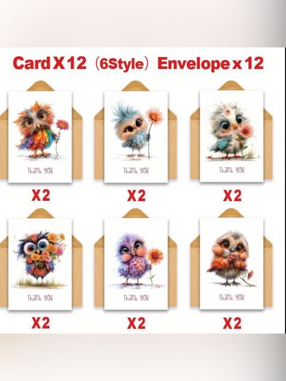 12 Whimsical Birds & Flowers Thank You Cards & Envelopes.